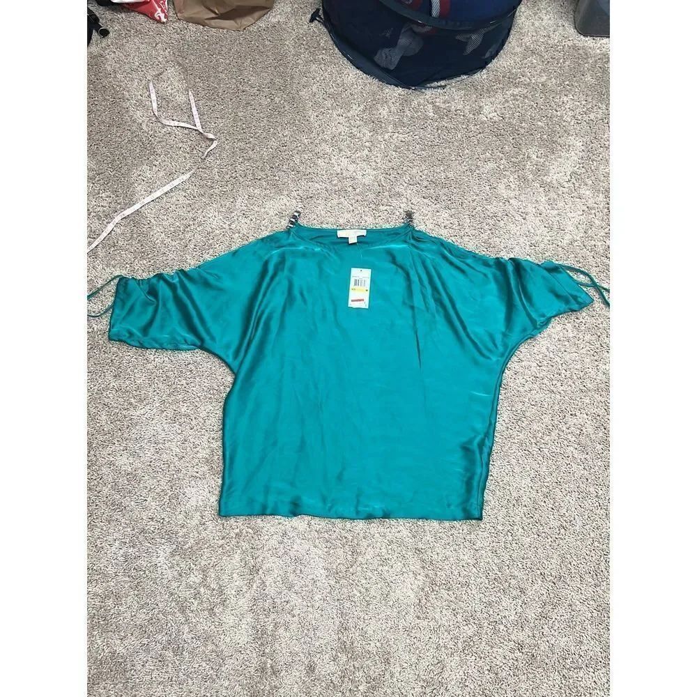 NWT Michael Kors Emerald Green Silver Hardware Strap Dolman Batwing Satin Blouse